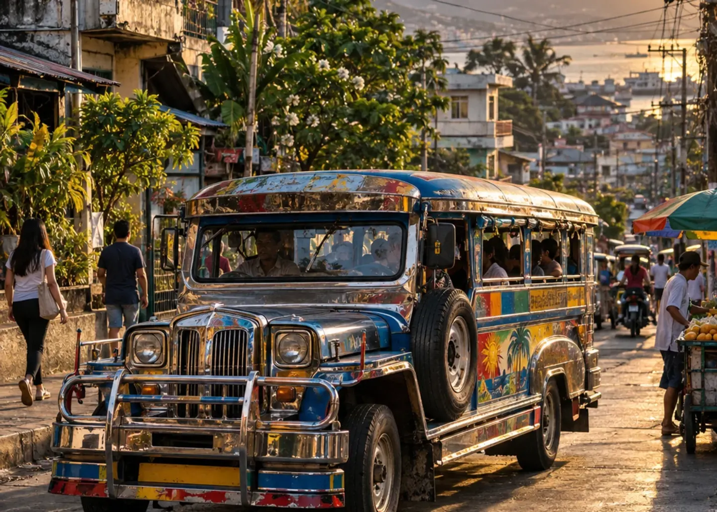A colorful jeepney on a lively Philippine street.
