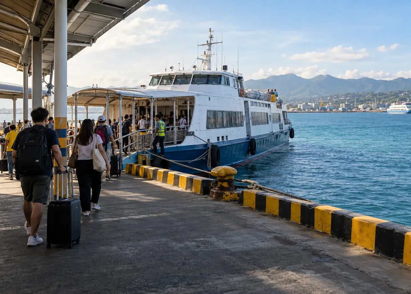 Travelers walking along a ferry terminal beside a passenger boat.