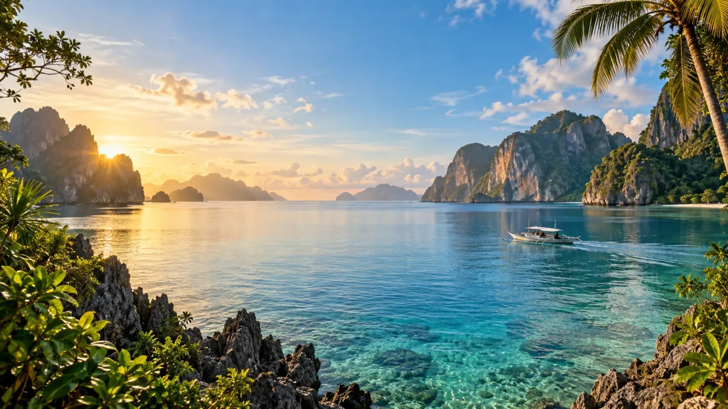 A boat crosses a sunlit bay surrounded by limestone islands.
