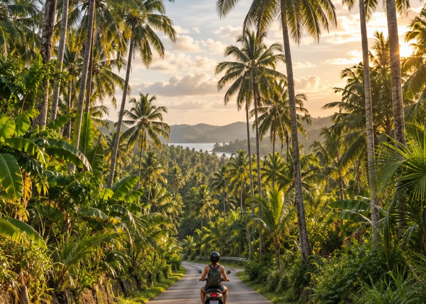 A palm-lined road winding toward a tropical coastline.